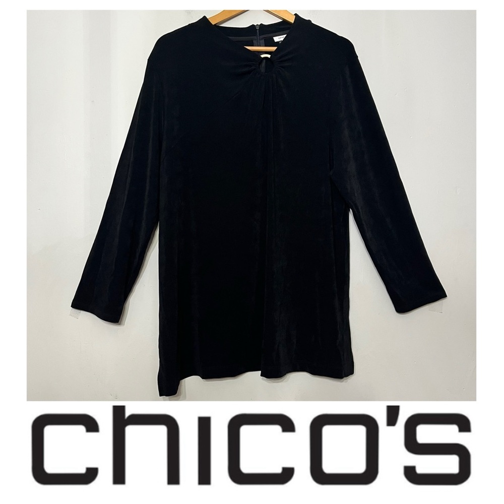 Chico’s‎ Tunic Top XXL Black Stretchy Slinky Liquid Knit Grommet size 4 (20-22)